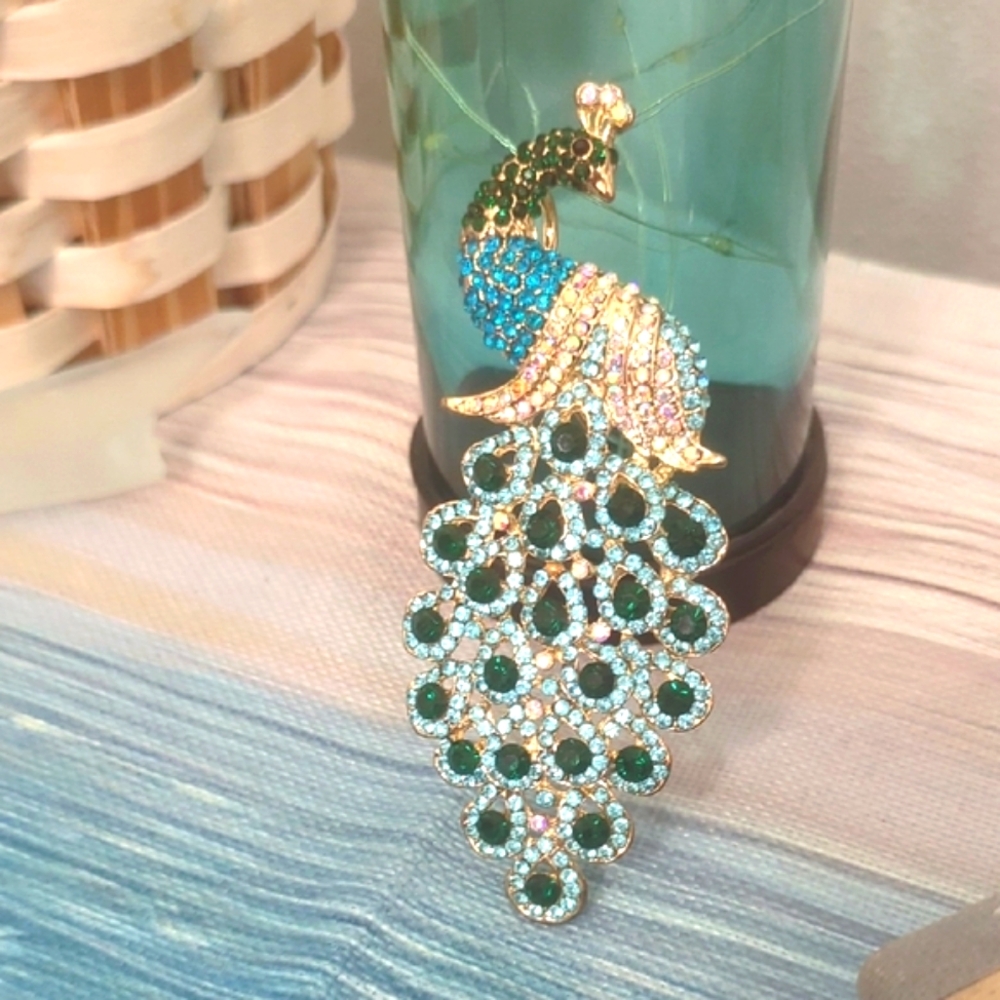 Vintage Teal Rhinestone Peacock Brooch - Picture 4 of 7